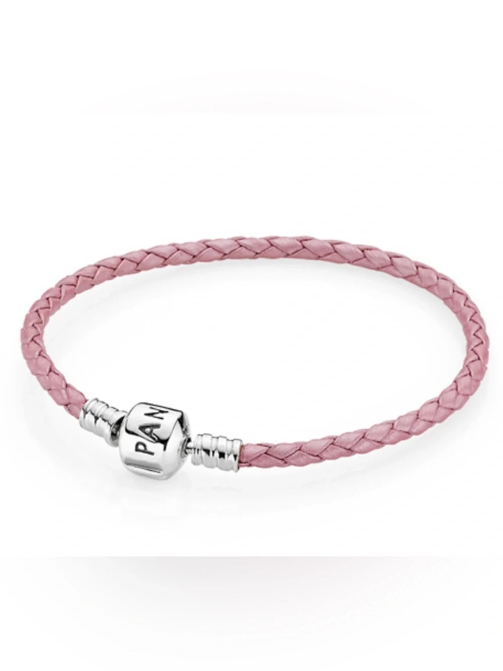 Pandora Light Pink Braided Leather Charm Bracelet with Silver Clasp
